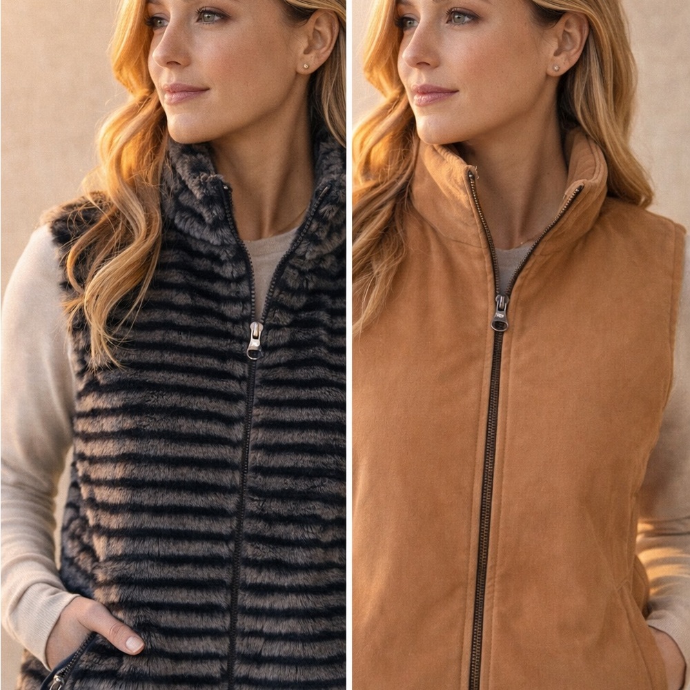 Reversible Faux Fur Vest – Charcoal texture & Camel Cotton